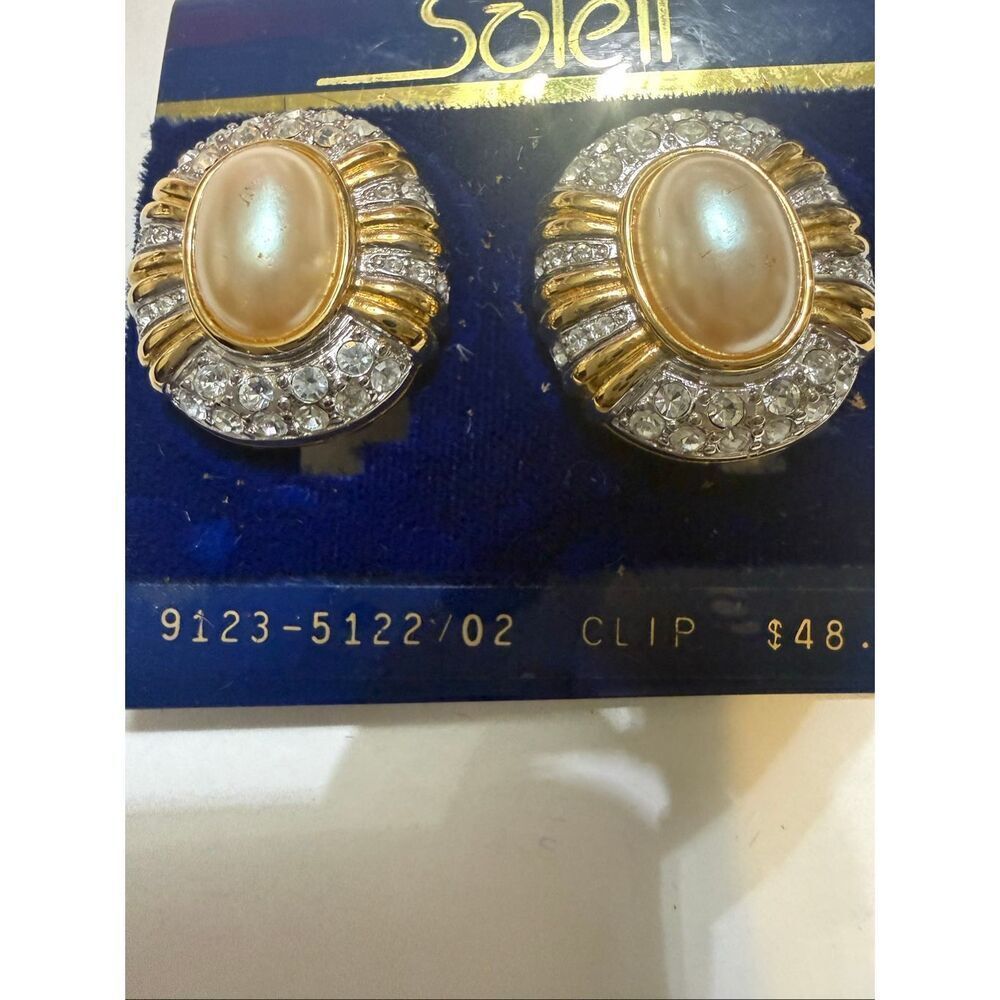 Vintage Soleil Women's 18K Gold Plated Pearl Crystal Signed Clip On Earrings NWT